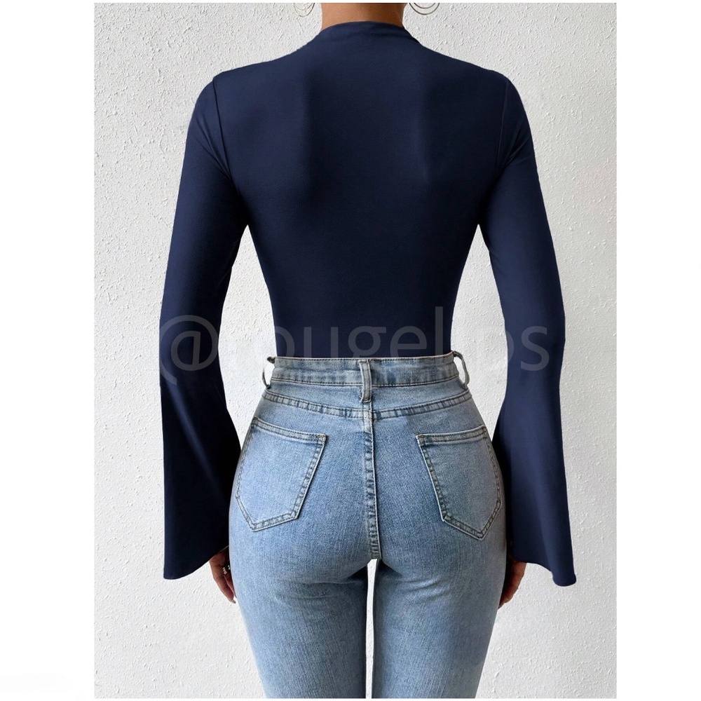 Navy Blue Ruched Asymmetrical Long Bell Sleeve Bodysuit - Picture 5 of 9